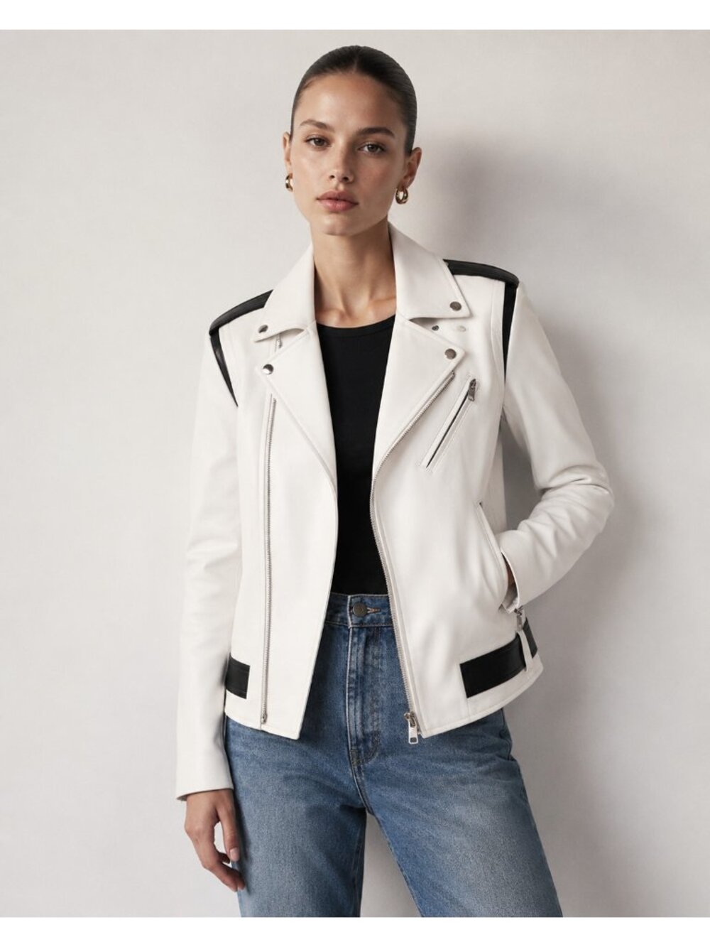 VEDA Baby Jane White Leather Moto Jacket Zip-Off Sleeves Vest Size S